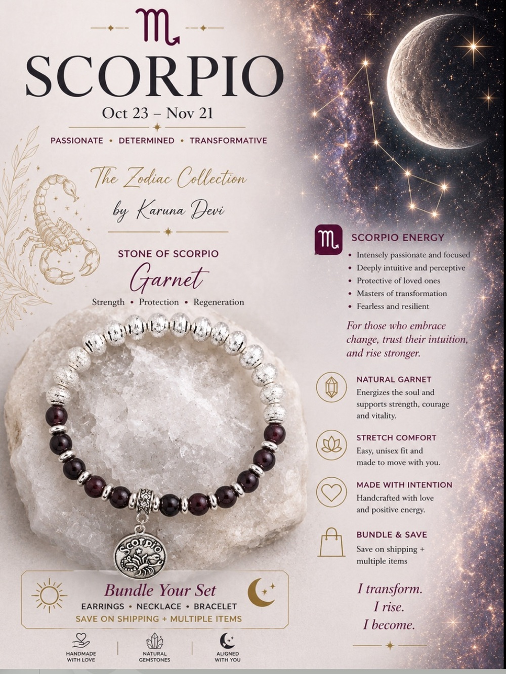 Scorpio ♏️ Zodiac, Genuine Garnet and Silver Charm Unisex Bracelet